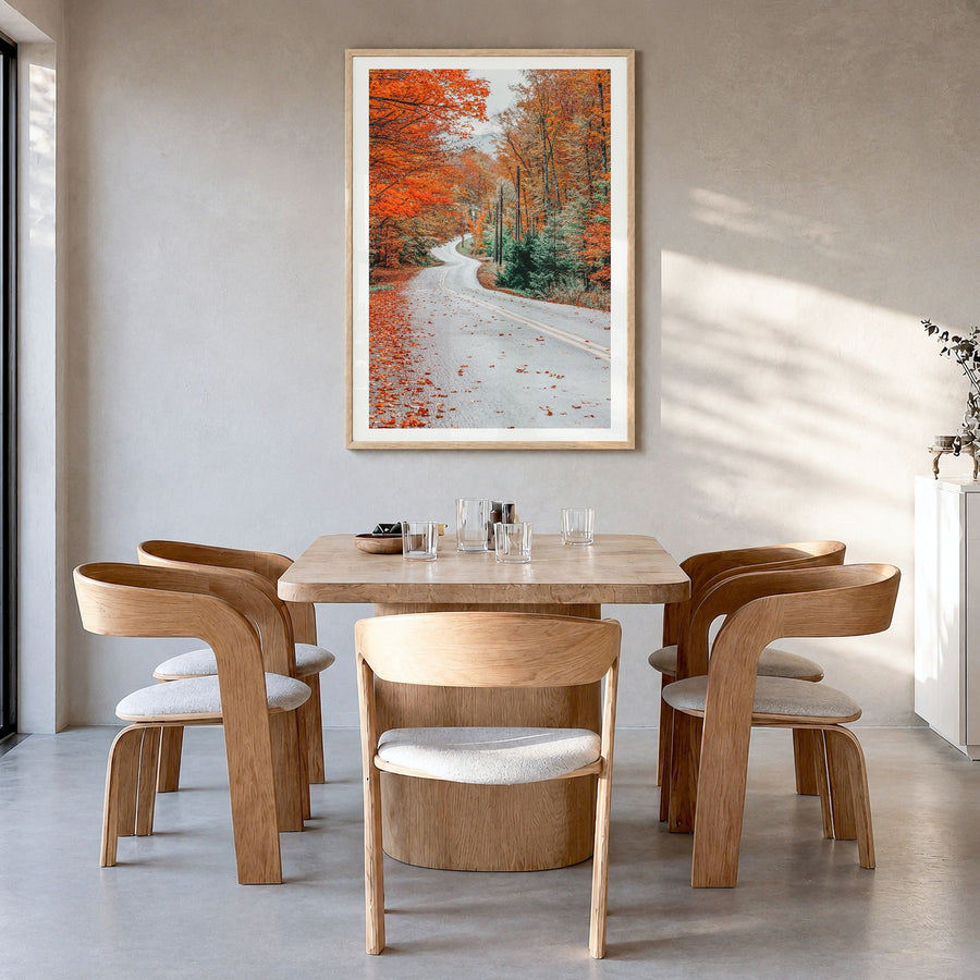 Adirondack Mountains Photo No 2 Poster in a natural wood frame, hanging in a dining room, white border
