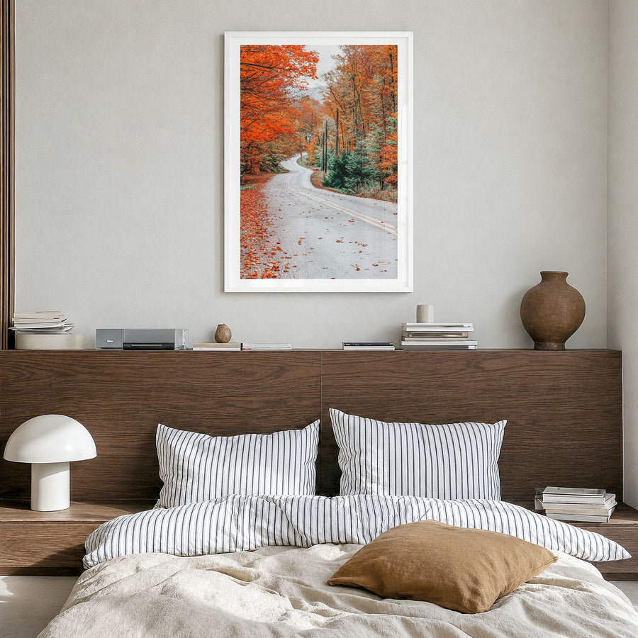 Adirondack Mountains Photo No 2 Poster in a white wood frame, hanging in a bedroom, white border