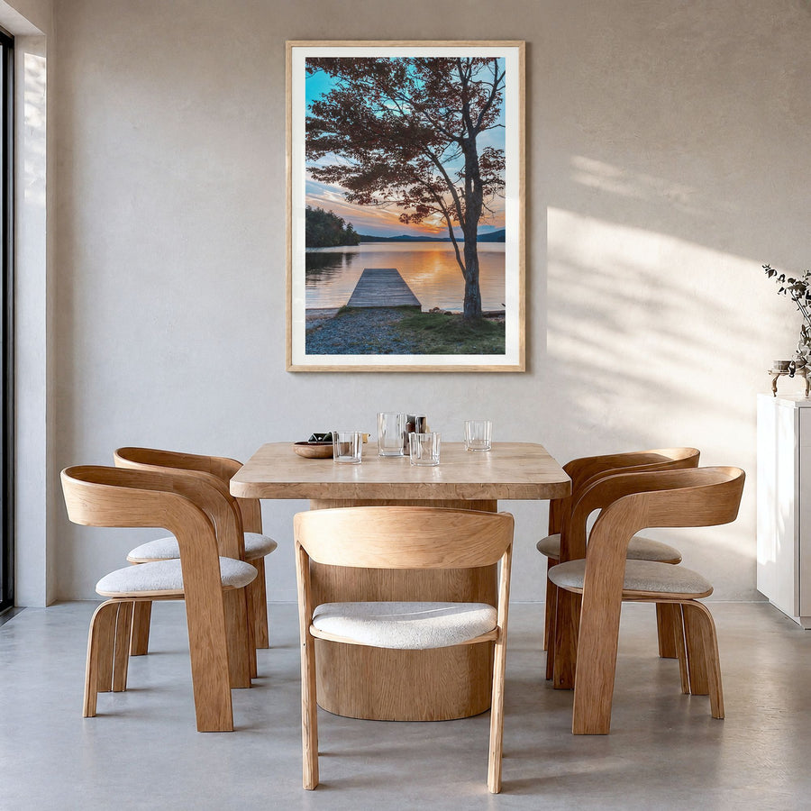Adirondack Mountains Photo No 3 Poster in a natural wood frame, hanging in a dining room, white border