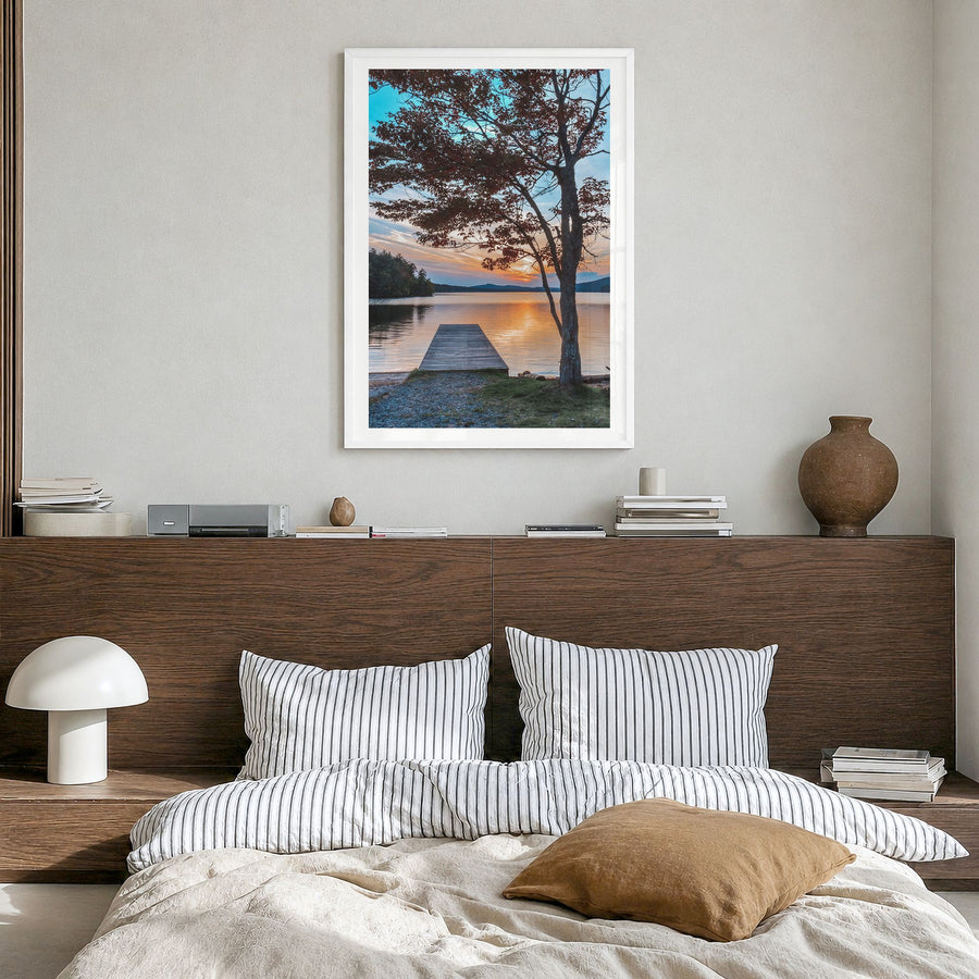 Adirondack Mountains Photo No 3 Poster in a white wood frame, hanging in a bedroom, white border