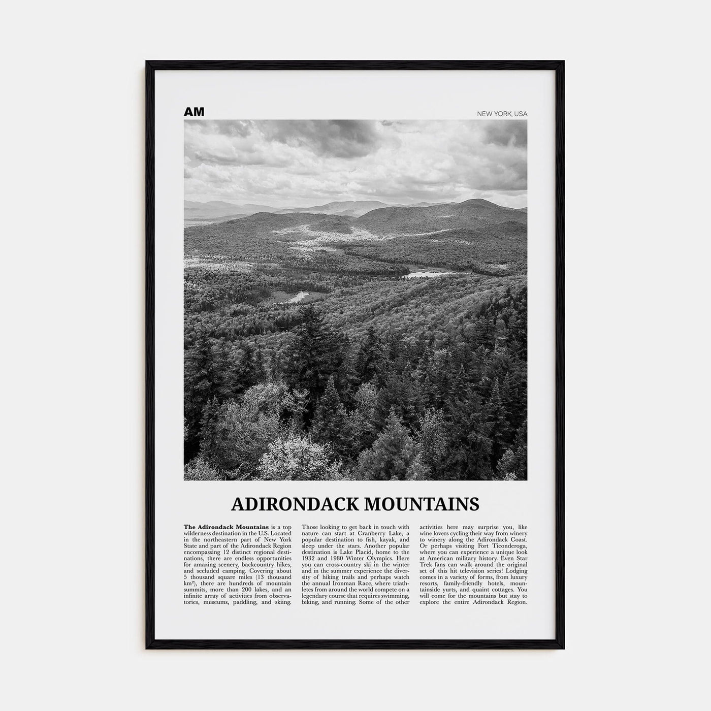 Adirondack Mountains Poster Black Wood / 8x12 in Nbourhood Travel B&W Poster