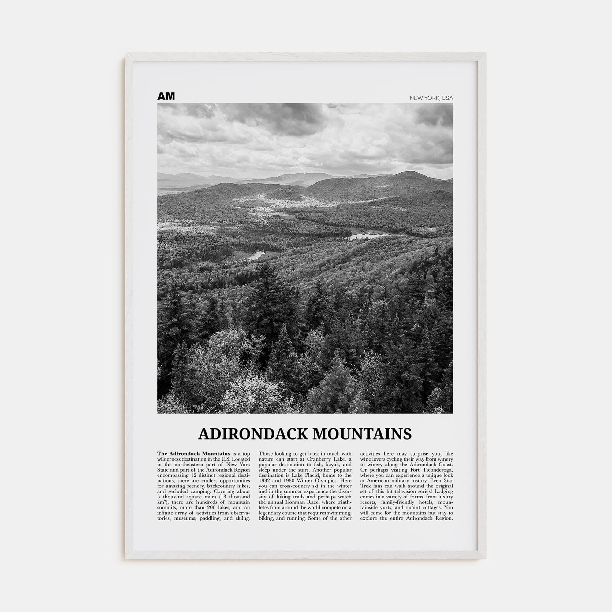 Adirondack Mountains Poster White Wood / 8x12 in Nbourhood Travel B&W Poster