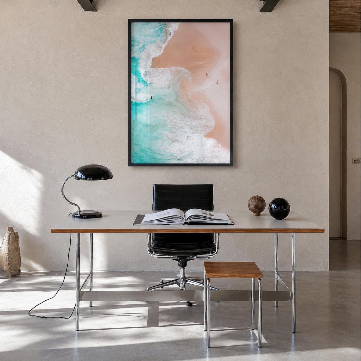 Aerial Beach Waves no. 1 colorful photo poster – vertical wall art in black wood frame, hanging on wall