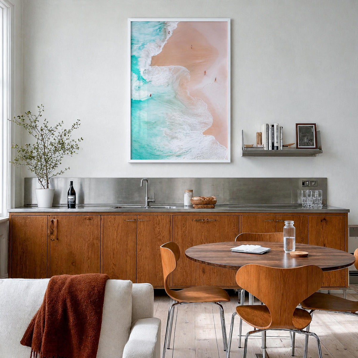 Aerial Beach Waves no. 1 colorful photo poster – vertical wall art in white wood frame, hanging on wall