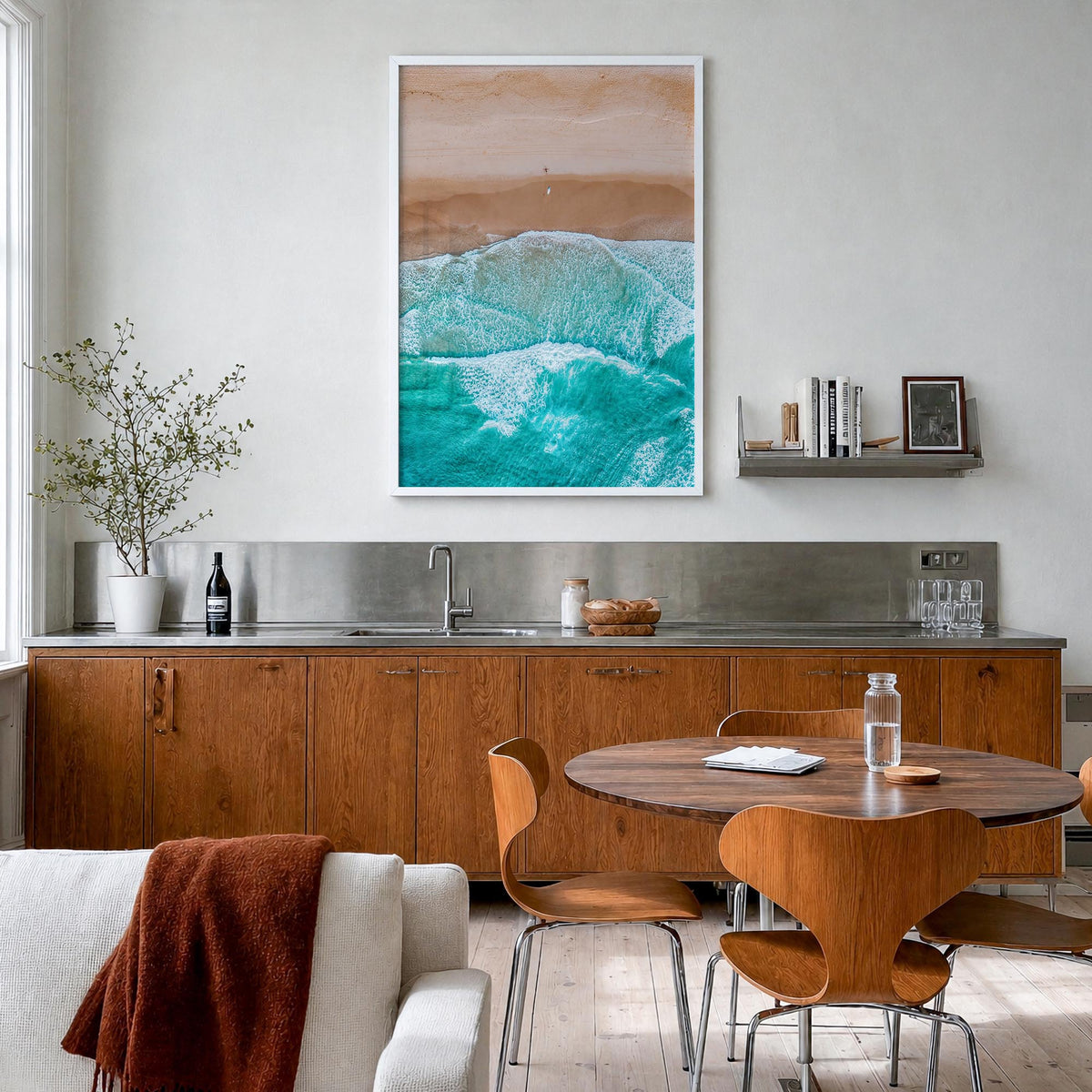 Aerial Beach Waves no. 2 colorful photo poster – vertical wall art in white wood frame, hanging on wall