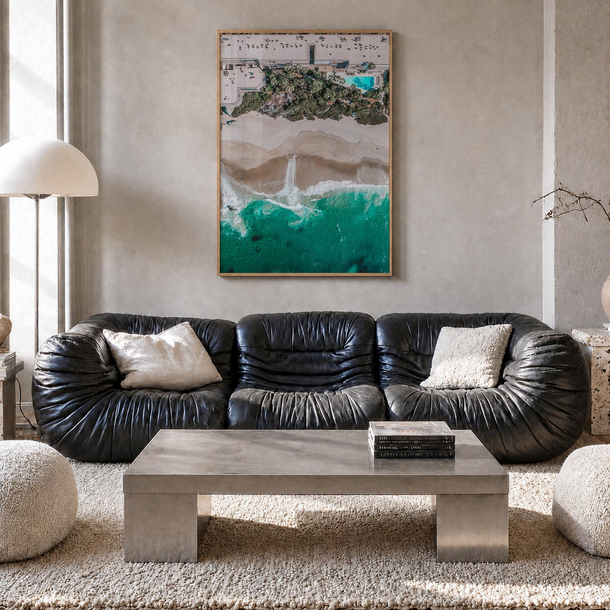 Aerial Beach Waves no. 3 colorful photo poster – vertical wall art in natural wood frame, hanging on wall