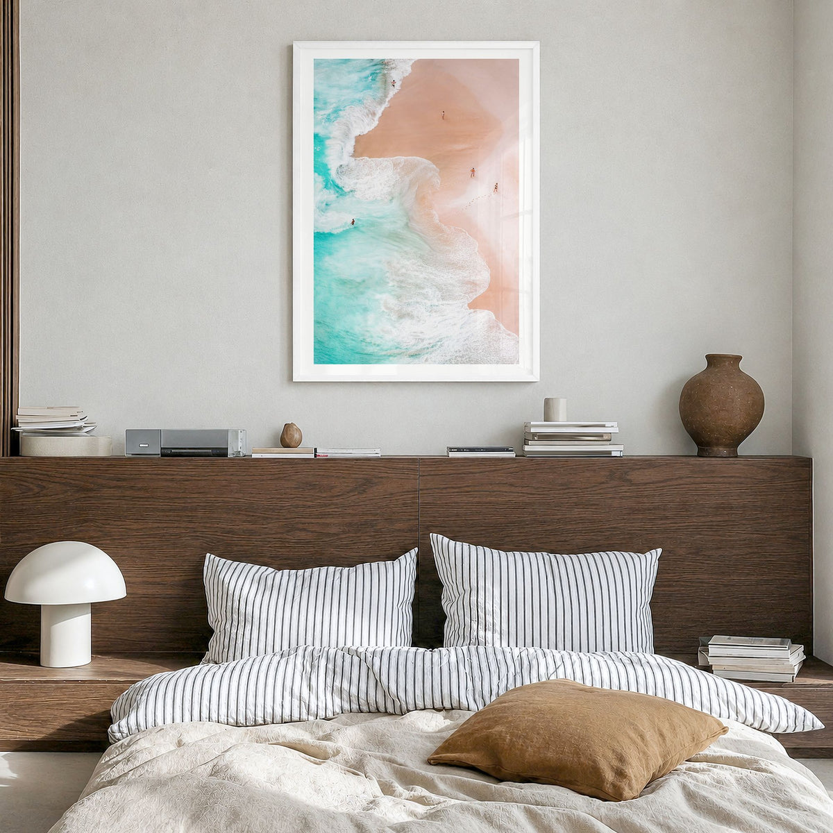 Aerial Beach Waves Photo No 1 Poster in a white wood frame, hanging in a bedroom, white border