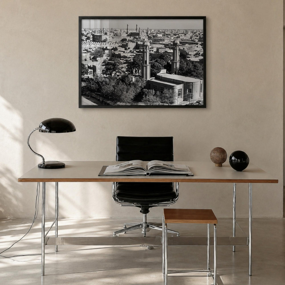 Afghanistan black & white photo poster of Asia – horizontal wall art in black wood frame, hanging on wall