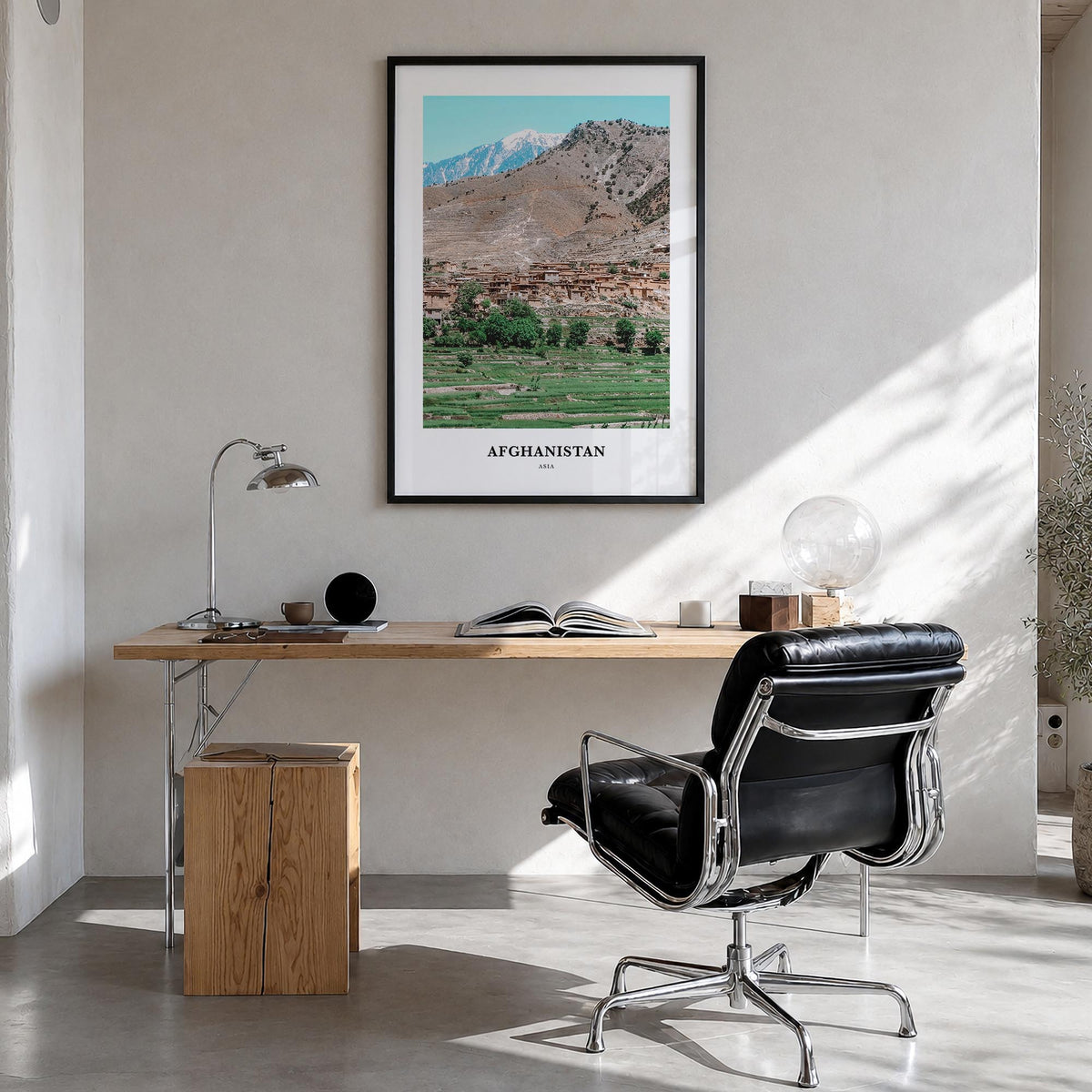 Afghanistan colorful classic poster of Asia – vertical wall art in black wood frame, hanging on wall