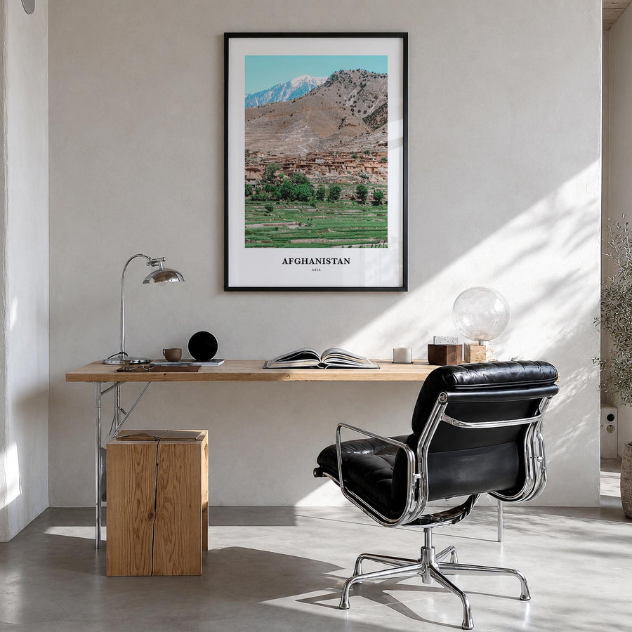 Afghanistan colorful classic poster of Asia – vertical wall art in black wood frame, hanging on wall