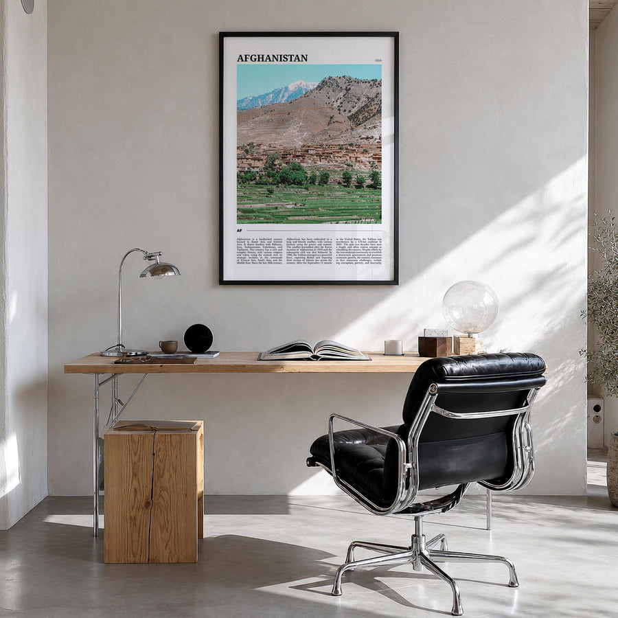 Afghanistan colorful travel poster of Asia – vertical wall art in black wood frame, hanging on wall