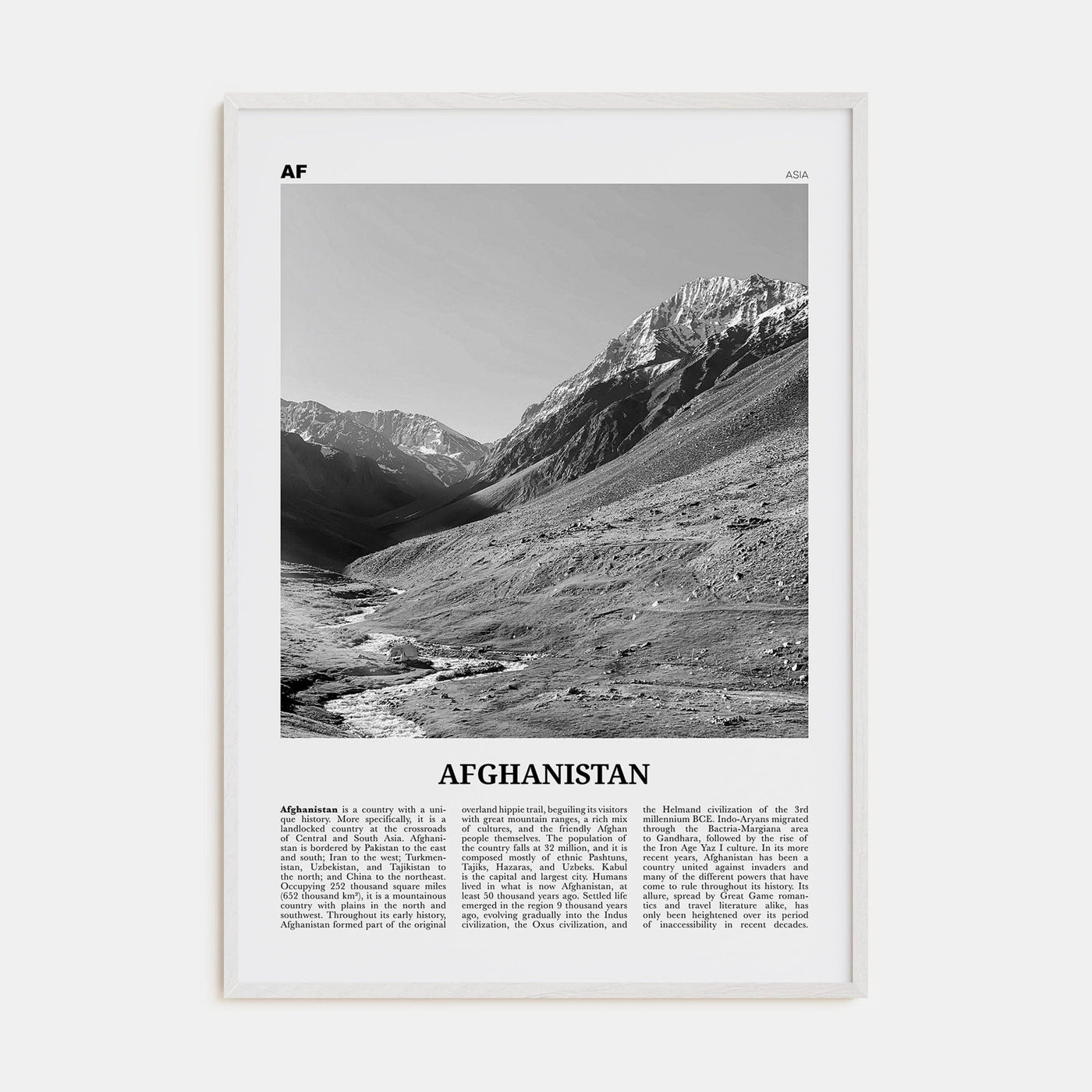 Afghanistan No 1 Poster White Wood / 8x12 in Nbourhood Travel B&W Poster