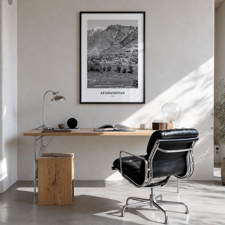 Afghanistan no. 2 black & white classic poster of Asia – vertical wall art in black wood frame, hanging on wall