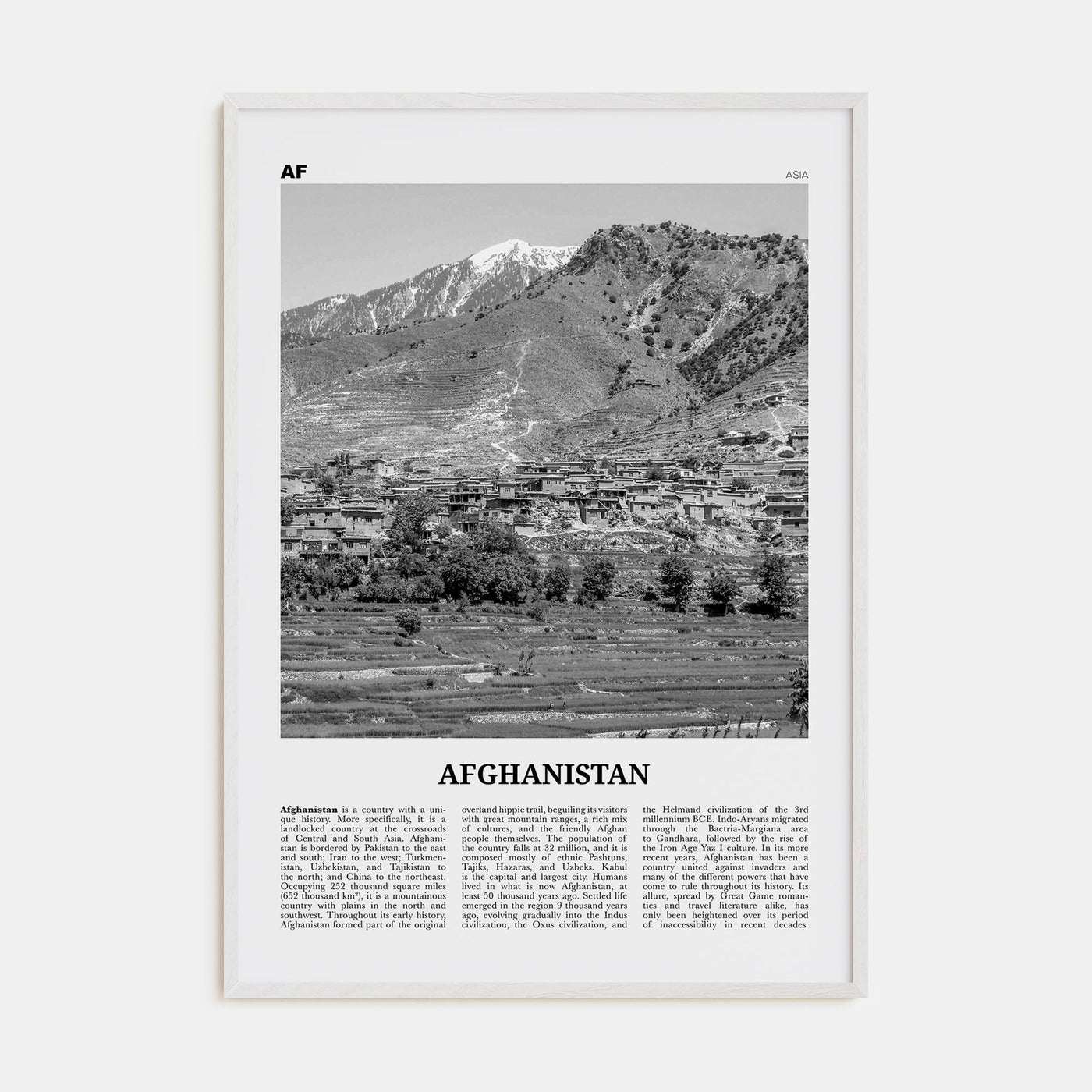 Afghanistan No 2 Poster White Wood / 8x12 in Nbourhood Travel B&W Poster