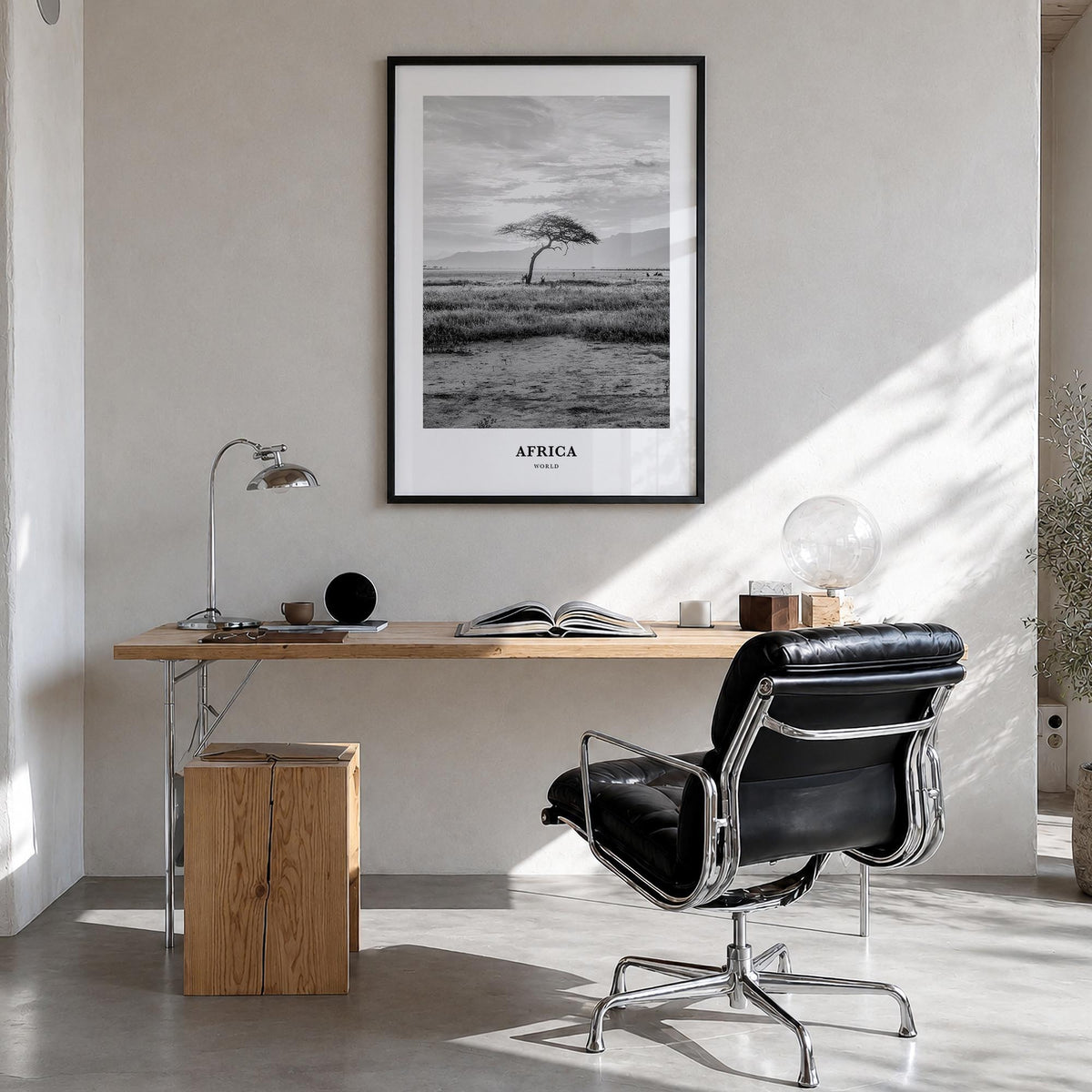 Africa black & white classic poster of World – vertical wall art in black wood frame, hanging on wall