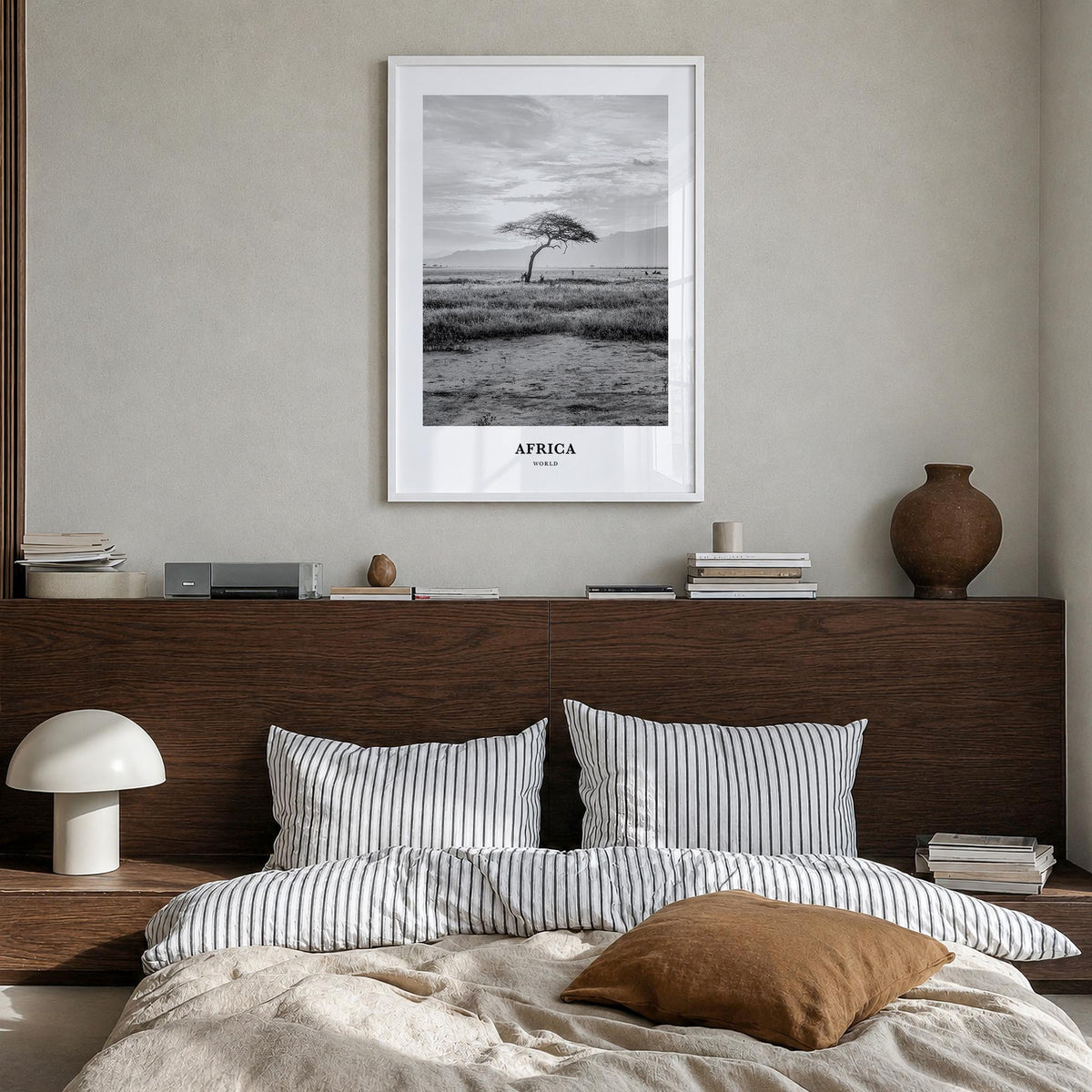Africa black & white classic poster of World – vertical wall art in white wood frame, hanging on wall