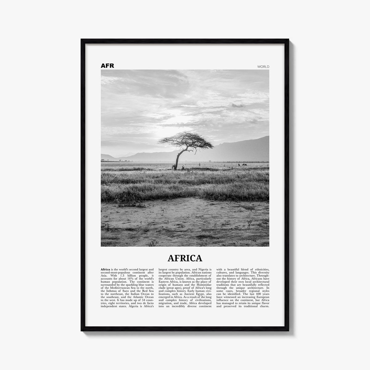 Africa black & white newspaper poster of World – vertical wall art, unframed print shown in interior mockup
