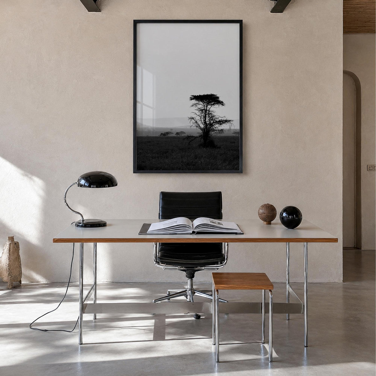 Africa black & white photo poster of World – vertical wall art in black wood frame, hanging on wall