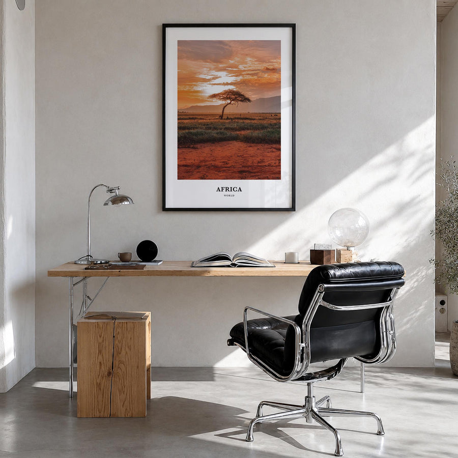 Africa colorful classic poster of World – vertical wall art in black wood frame, hanging on wall