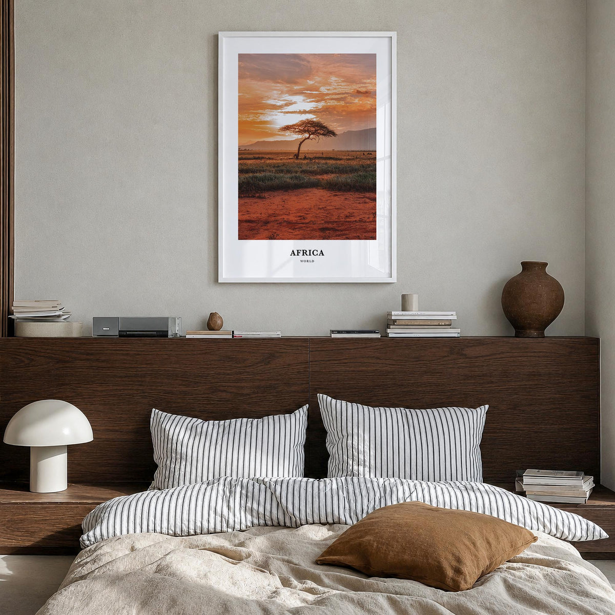 Africa colorful classic poster of World – vertical wall art in white wood frame, hanging on wall