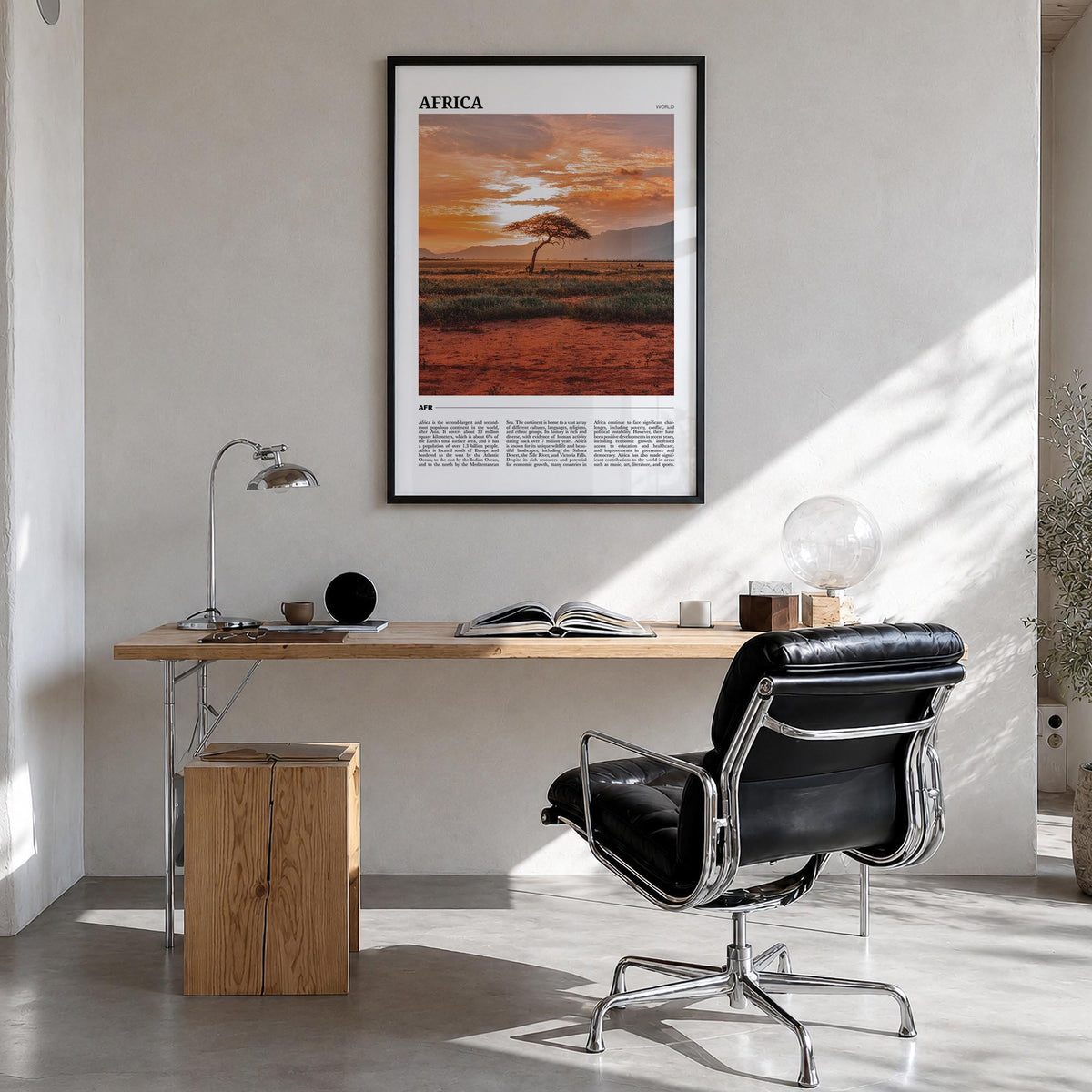 Africa colorful travel poster of World – vertical wall art in black wood frame, hanging on wall