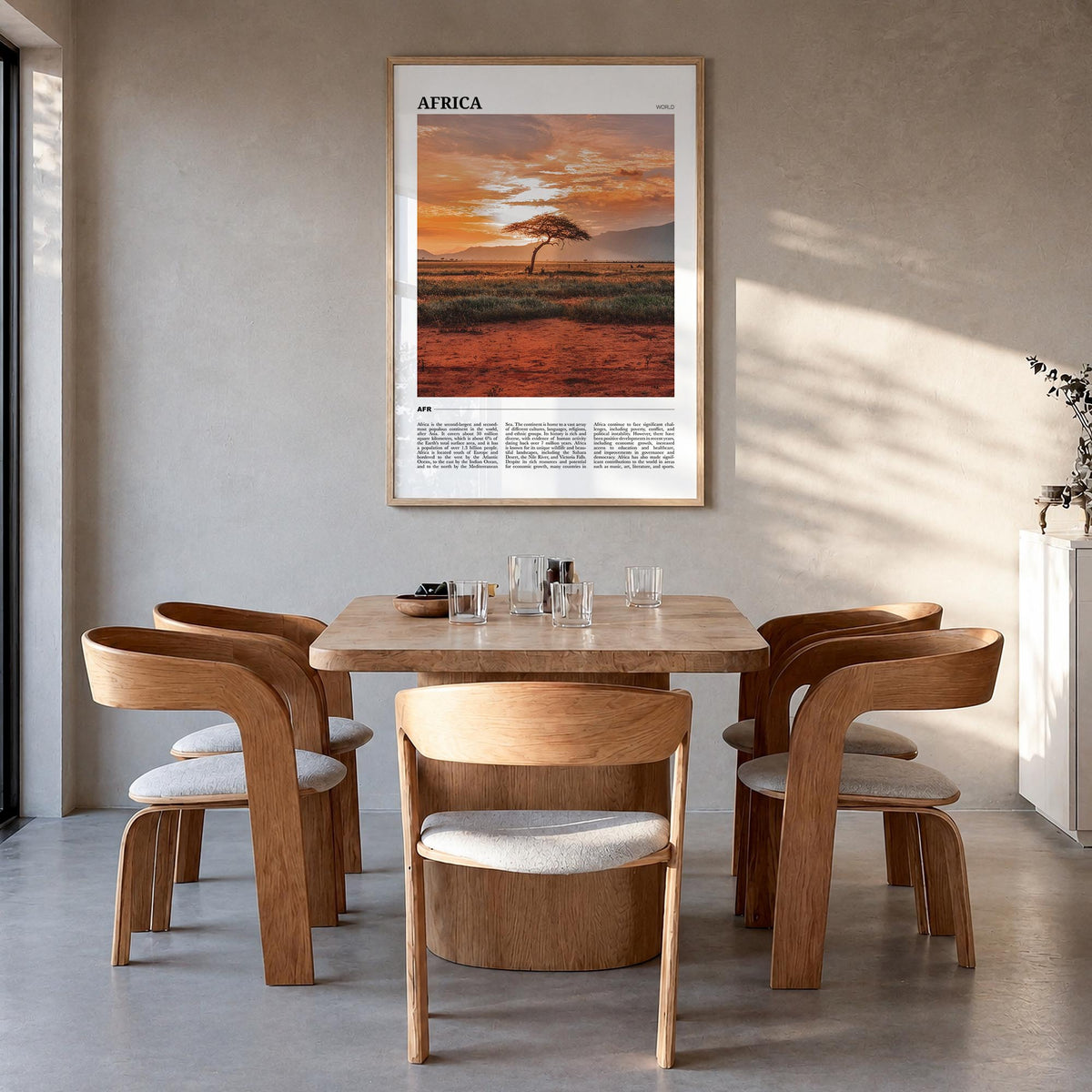 Africa colorful travel poster of World – vertical wall art in natural wood frame, hanging on wall