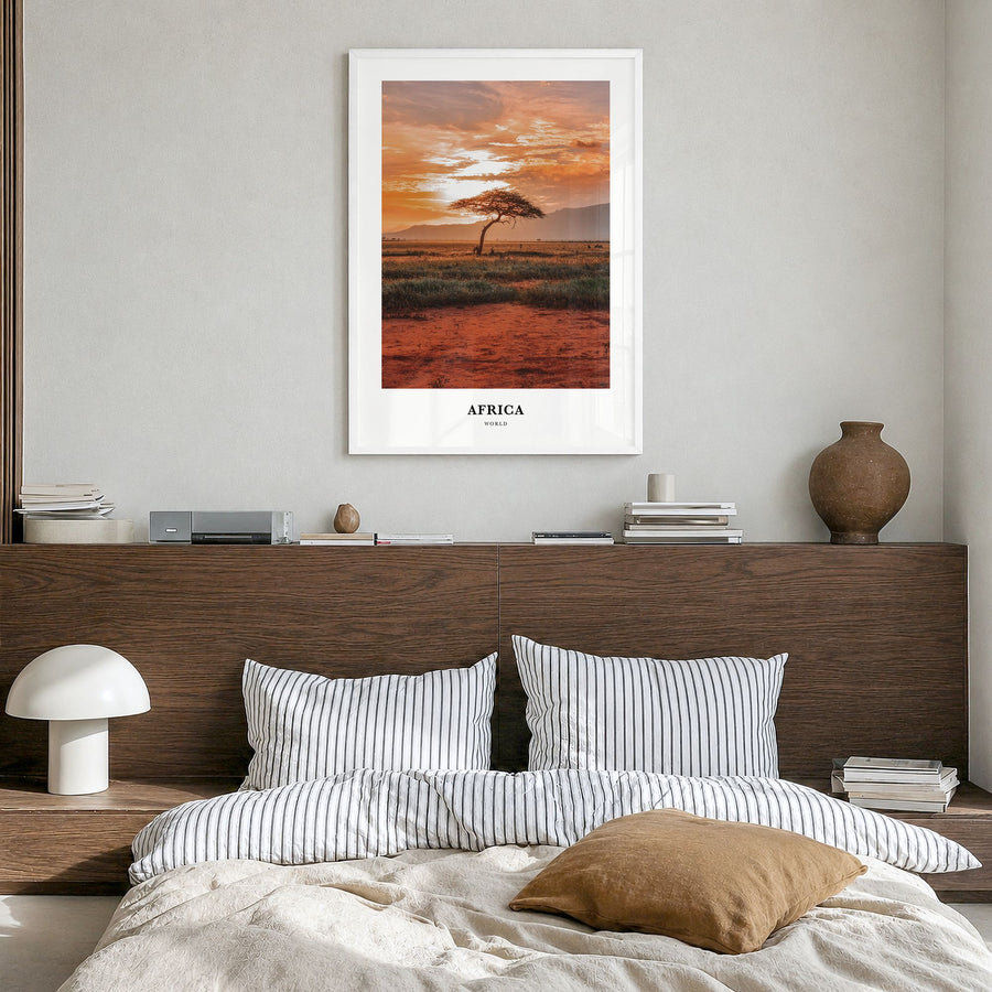 Africa Classic Poster in a white wood frame, hanging in a bedroom