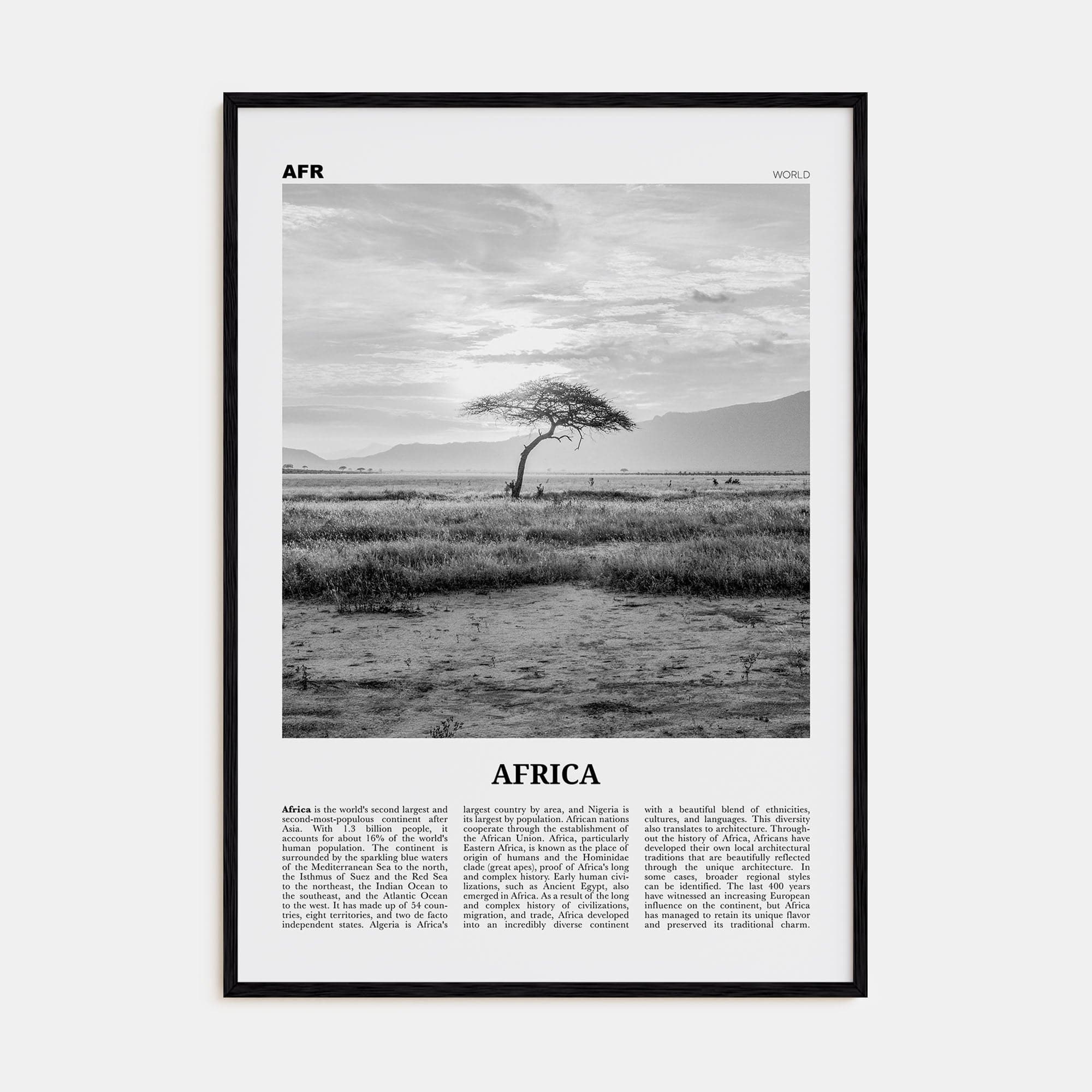 Africa Poster Black Wood / 8x12 in Nbourhood Travel B&W Poster