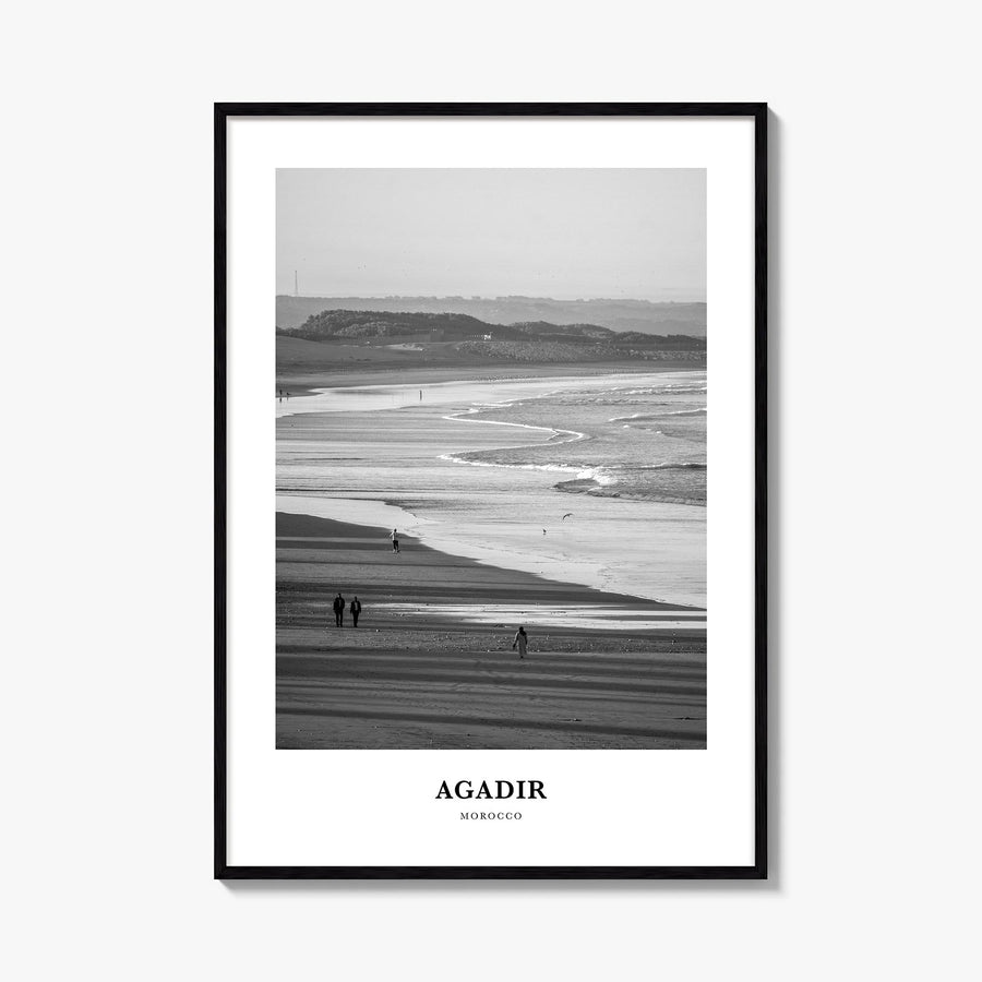 Agadir black & white classic poster of Morocco – vertical wall art, unframed print shown in interior mockup