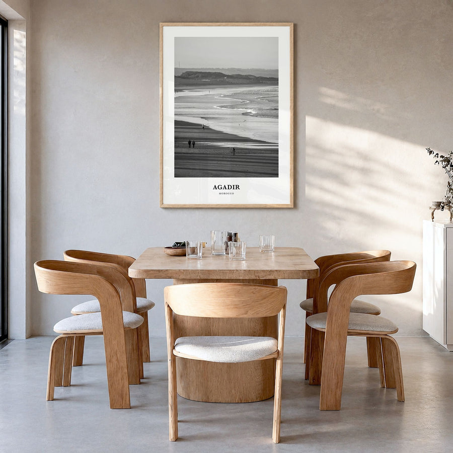 Agadir Classic Poster in a natural wood frame, hanging in a dining room