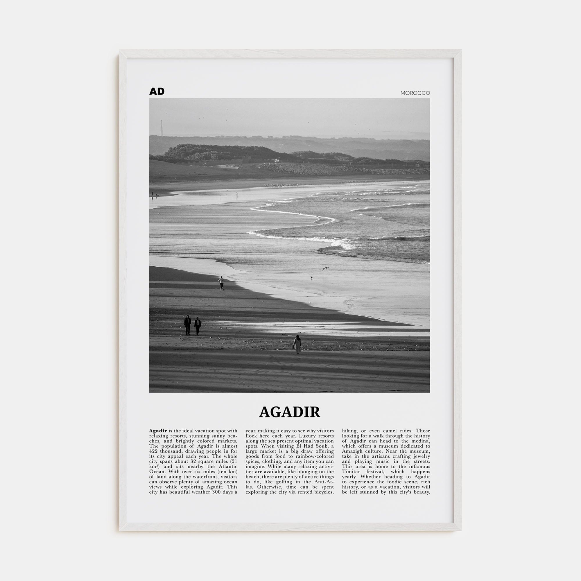 Agadir Poster White Wood / 8x12 in Nbourhood Travel B&W Poster