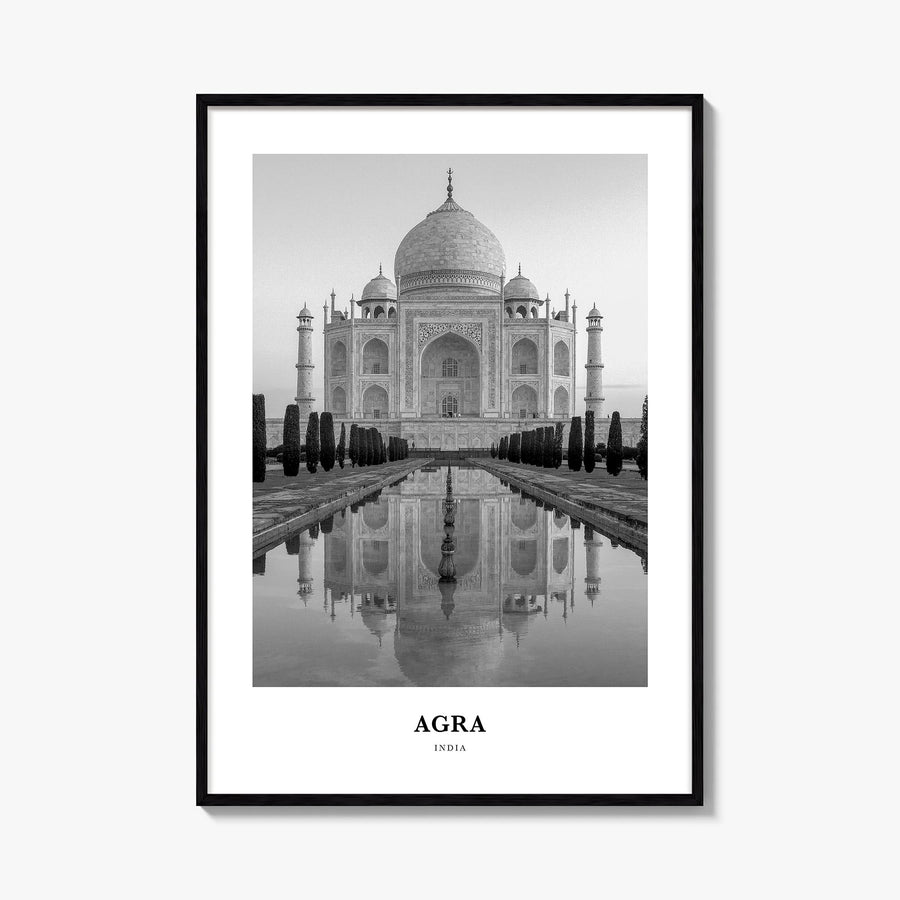 Agra black & white classic poster of India – vertical wall art, unframed print shown in interior mockup