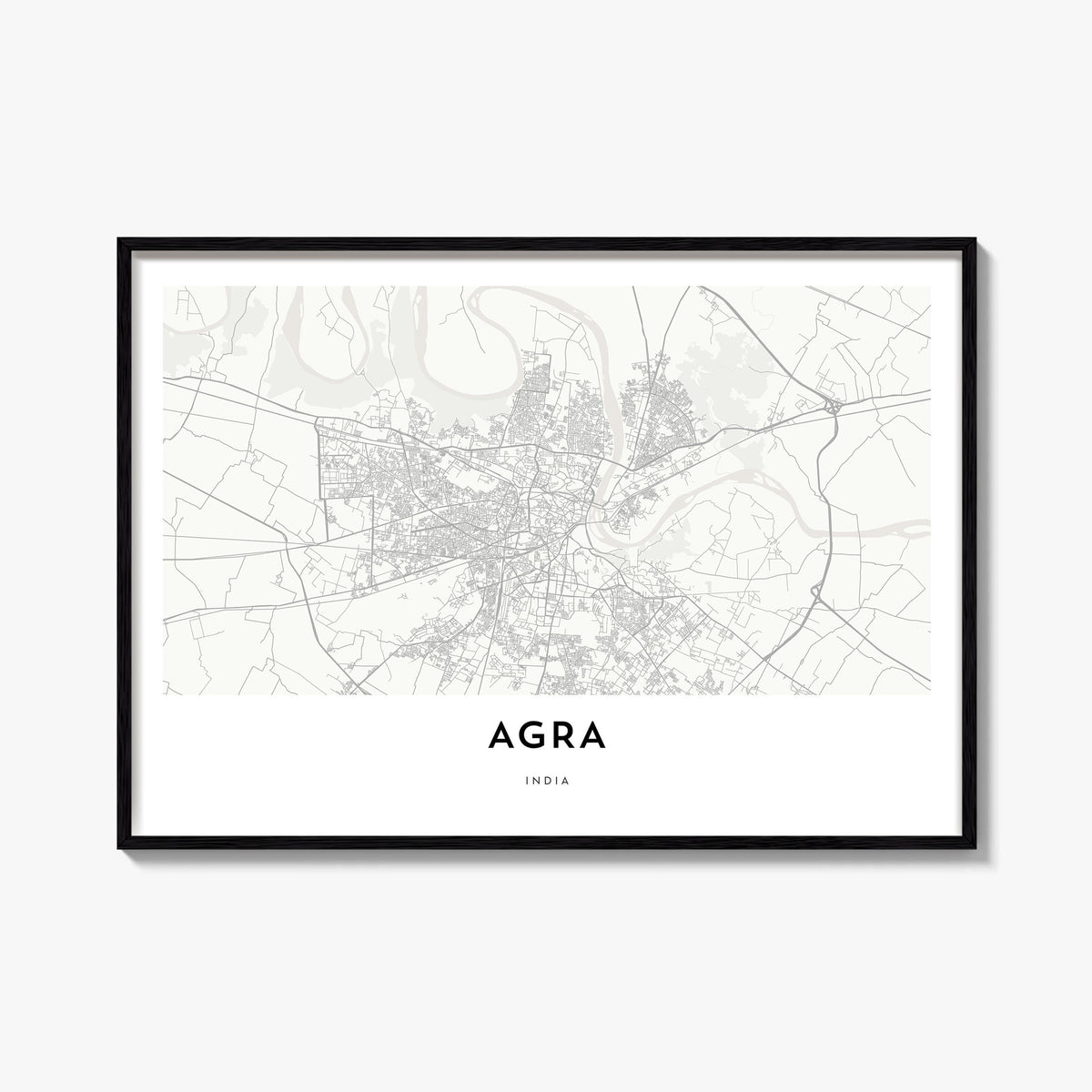 Agra black & white map poster of India – horizontal wall art, unframed print shown in interior mockup