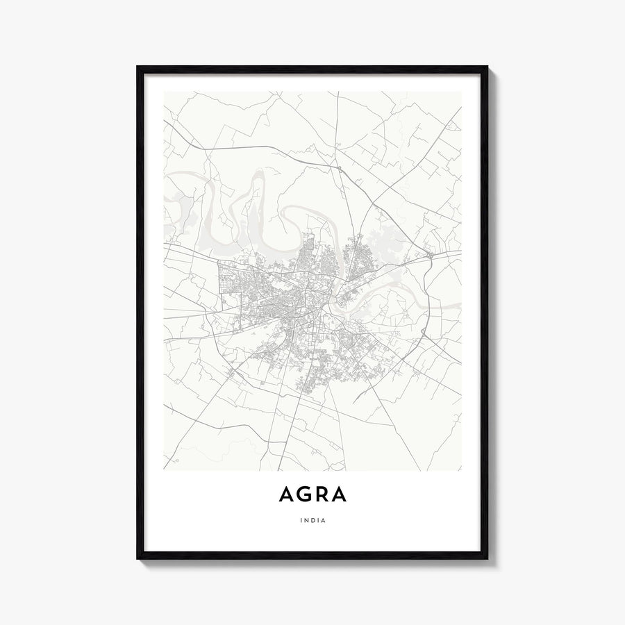 Agra black & white map poster of India – vertical wall art, unframed print shown in interior mockup