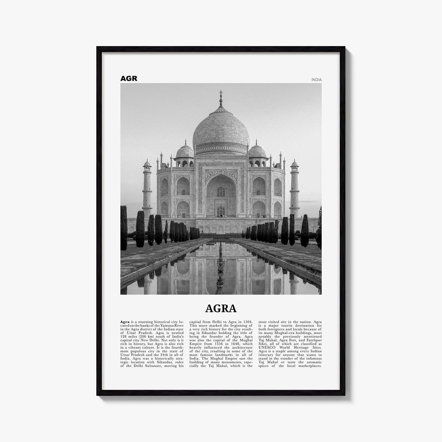 Agra black & white newspaper poster of India – vertical wall art, unframed print shown in interior mockup
