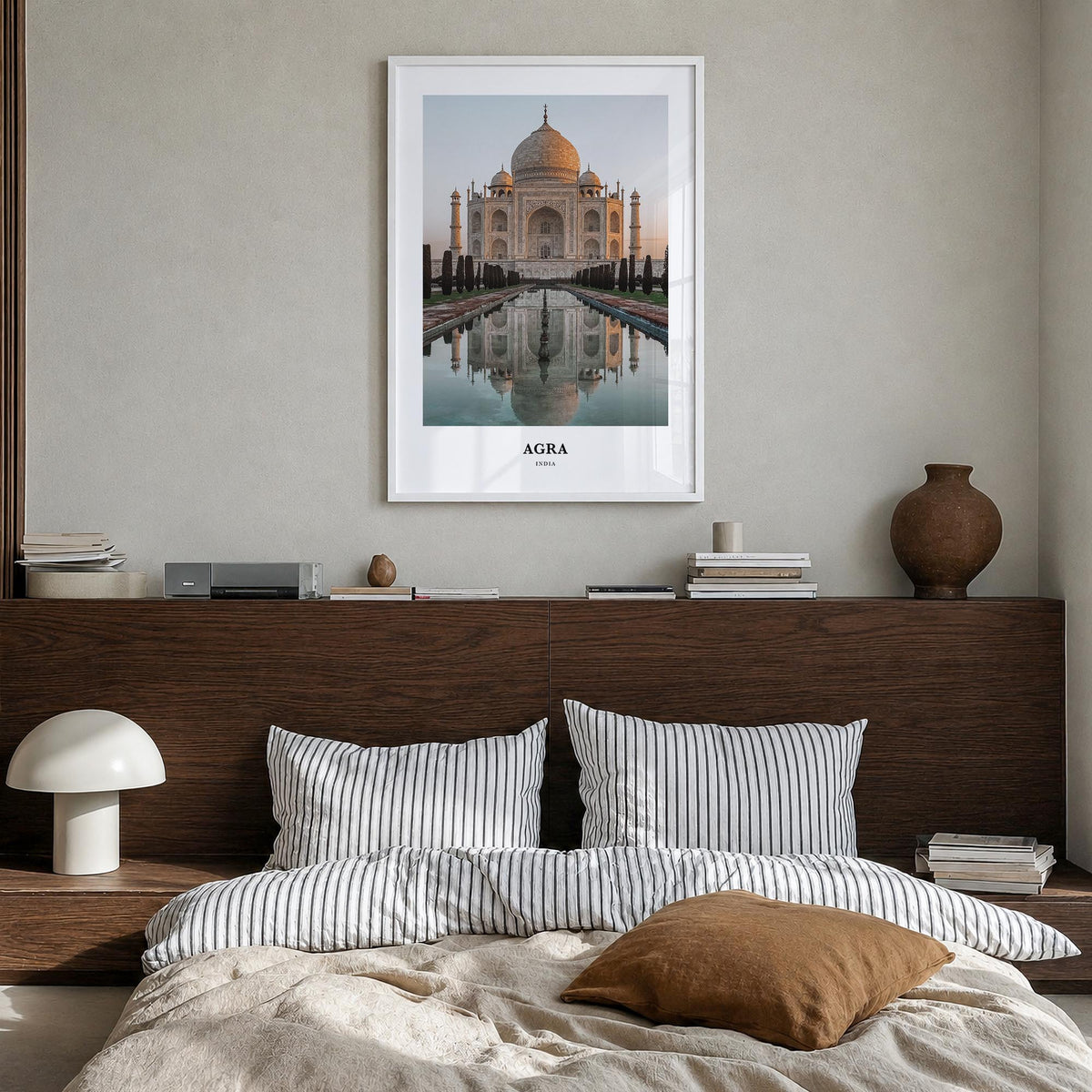 Agra colorful classic poster of India – vertical wall art in white wood frame, hanging on wall