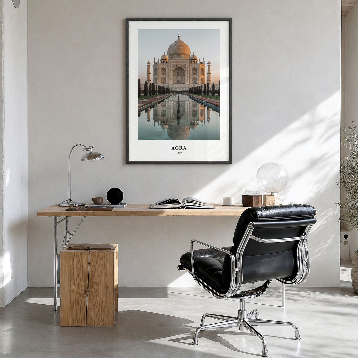 Agra Classic Poster in a black wood frame, hanging in a bright home office