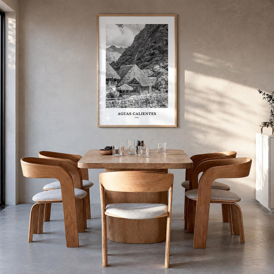Aguas Calientes black & white classic poster of Peru – vertical wall art in natural wood frame, hanging on wall