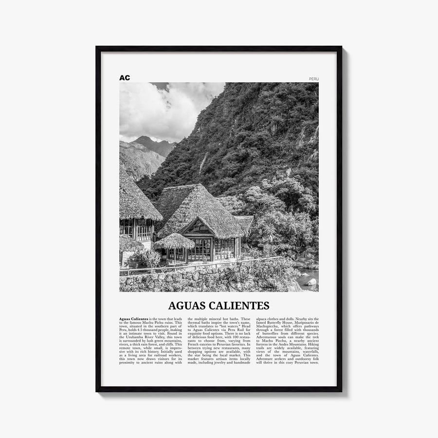 Aguas Calientes black & white newspaper poster of Peru – vertical wall art, unframed print shown in interior mockup