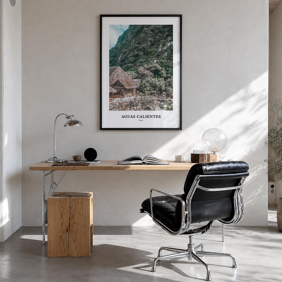 Aguas Calientes colorful classic poster of Peru – vertical wall art in black wood frame, hanging on wall