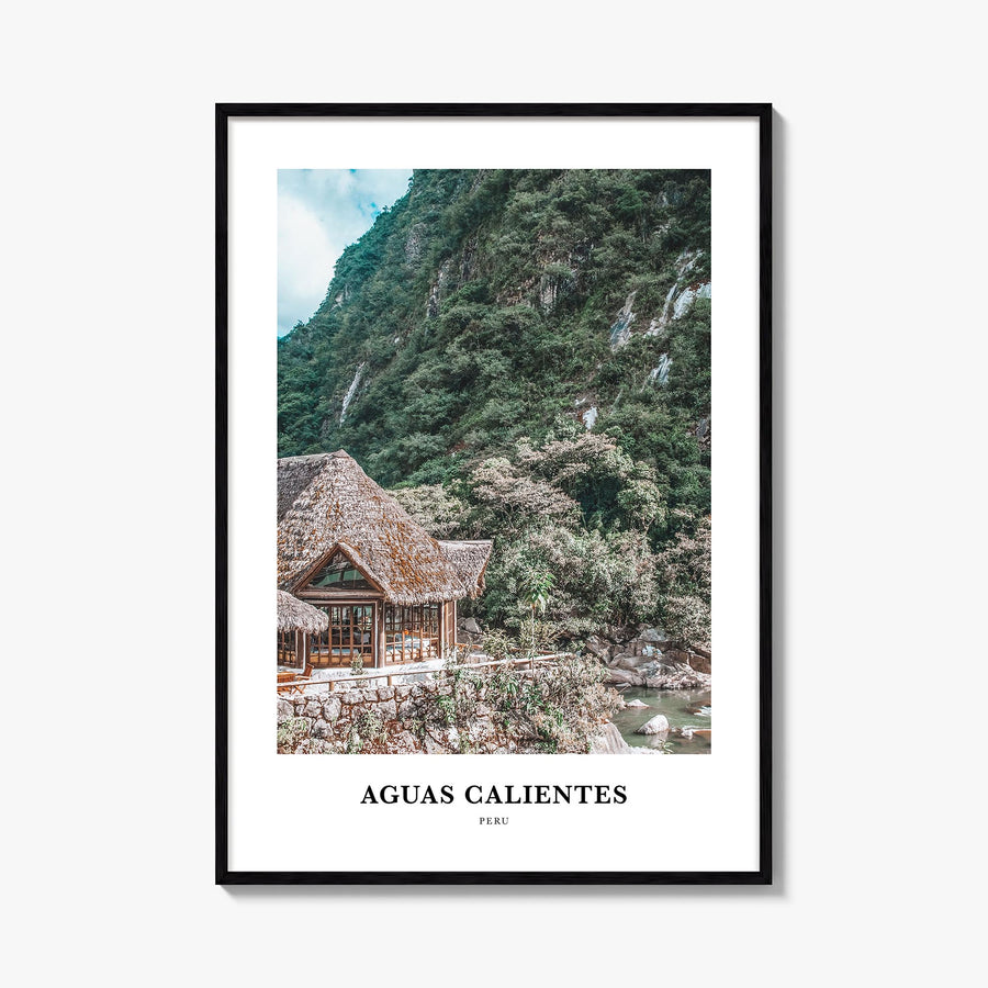 Aguas Calientes colorful classic poster of Peru – vertical wall art, unframed print shown in interior mockup