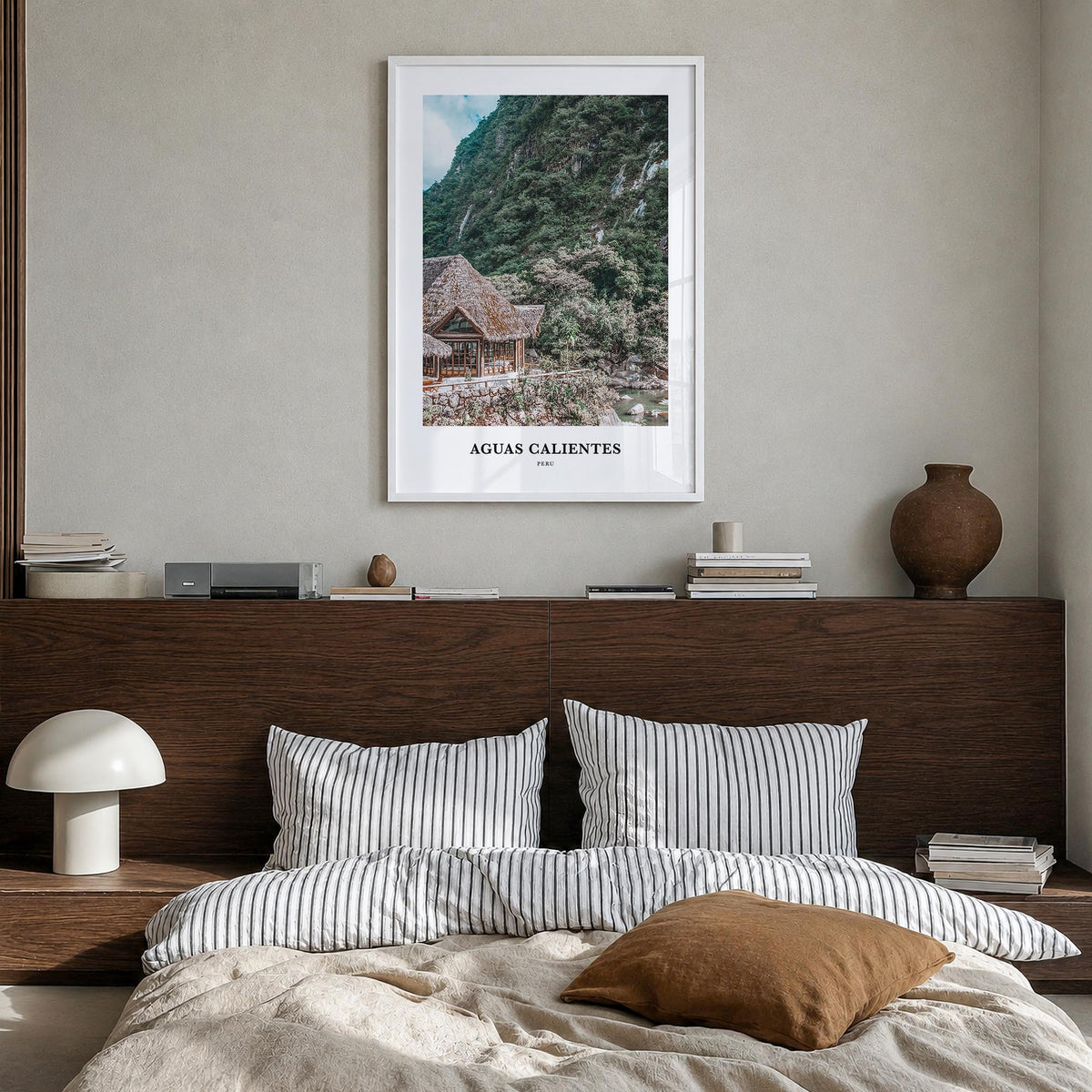 Aguas Calientes colorful classic poster of Peru – vertical wall art in white wood frame, hanging on wall