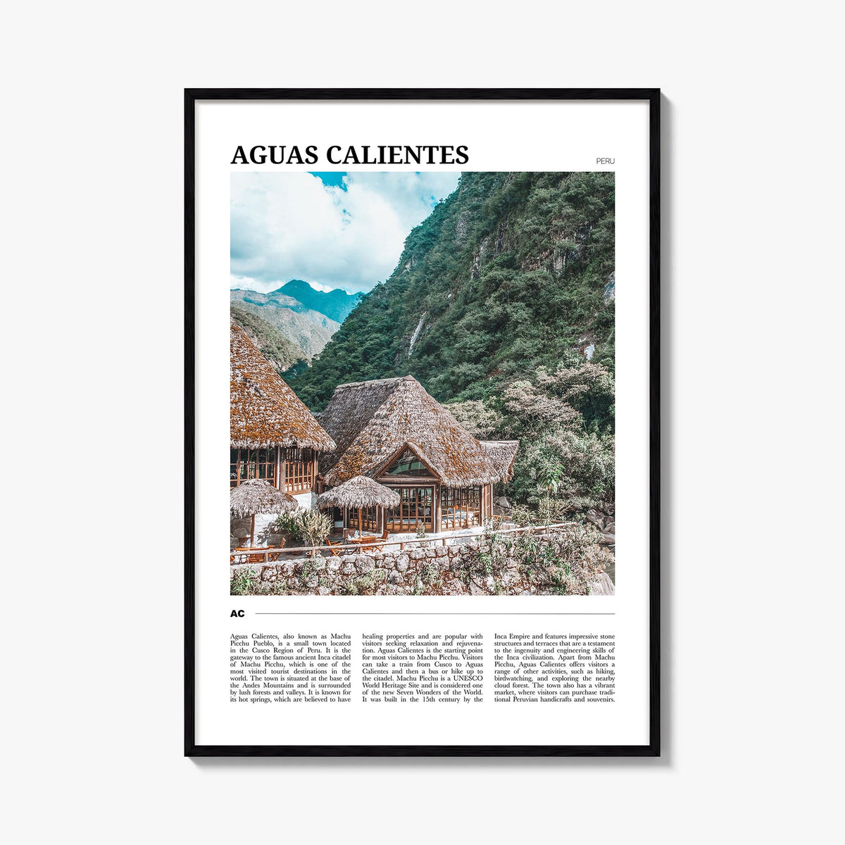 Aguas Calientes colorful travel poster of Peru – vertical wall art, unframed print shown in interior mockup