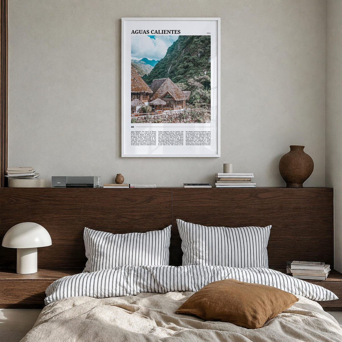 Aguas Calientes colorful travel poster of Peru – vertical wall art in white wood frame, hanging on wall