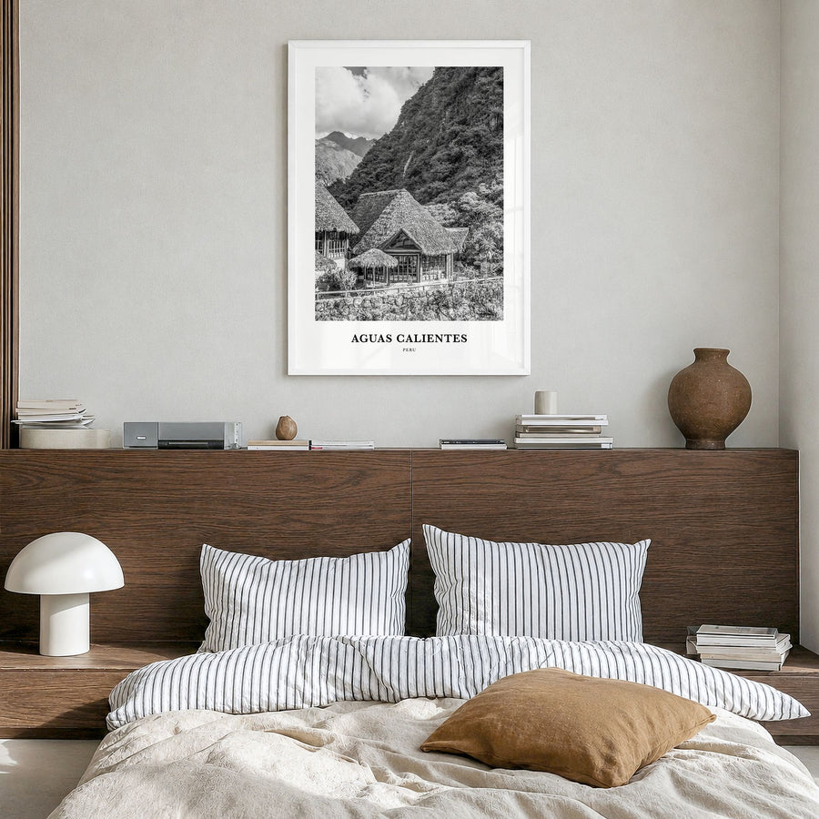 Aguas Calientes, Peru Classic Poster in a white wood frame, hanging in a bedroom