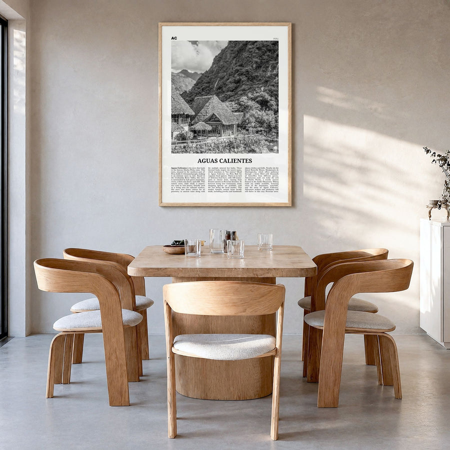 Aguas Calientes, Peru Newspaper Poster in a natural wood frame, hanging in a dining room