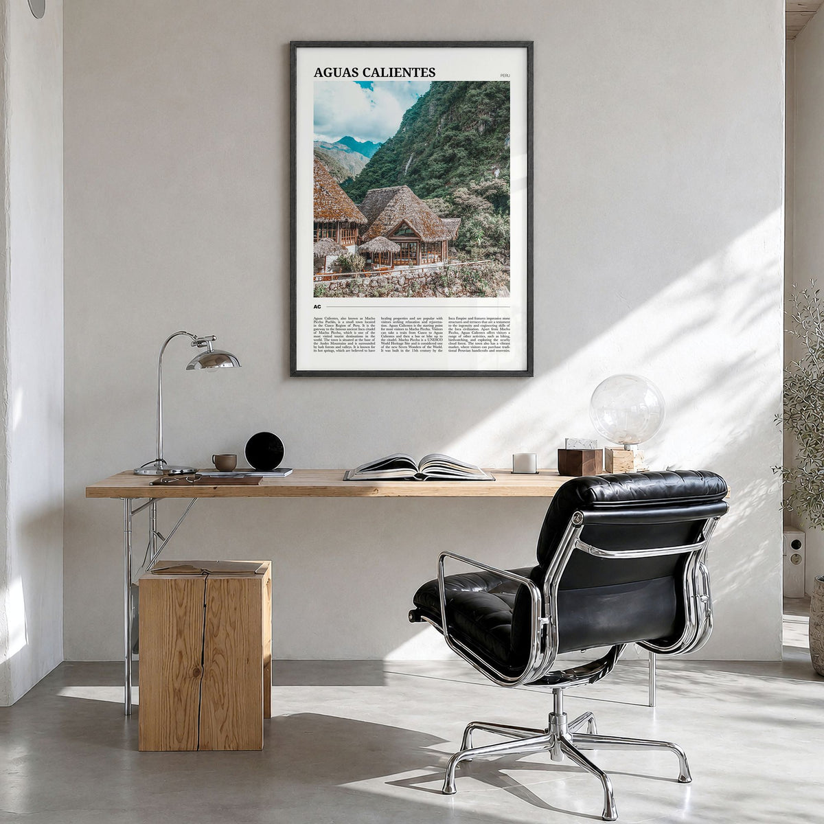 Aguas Calientes, Peru Travel Poster in a black wood frame, hanging in a bright home office