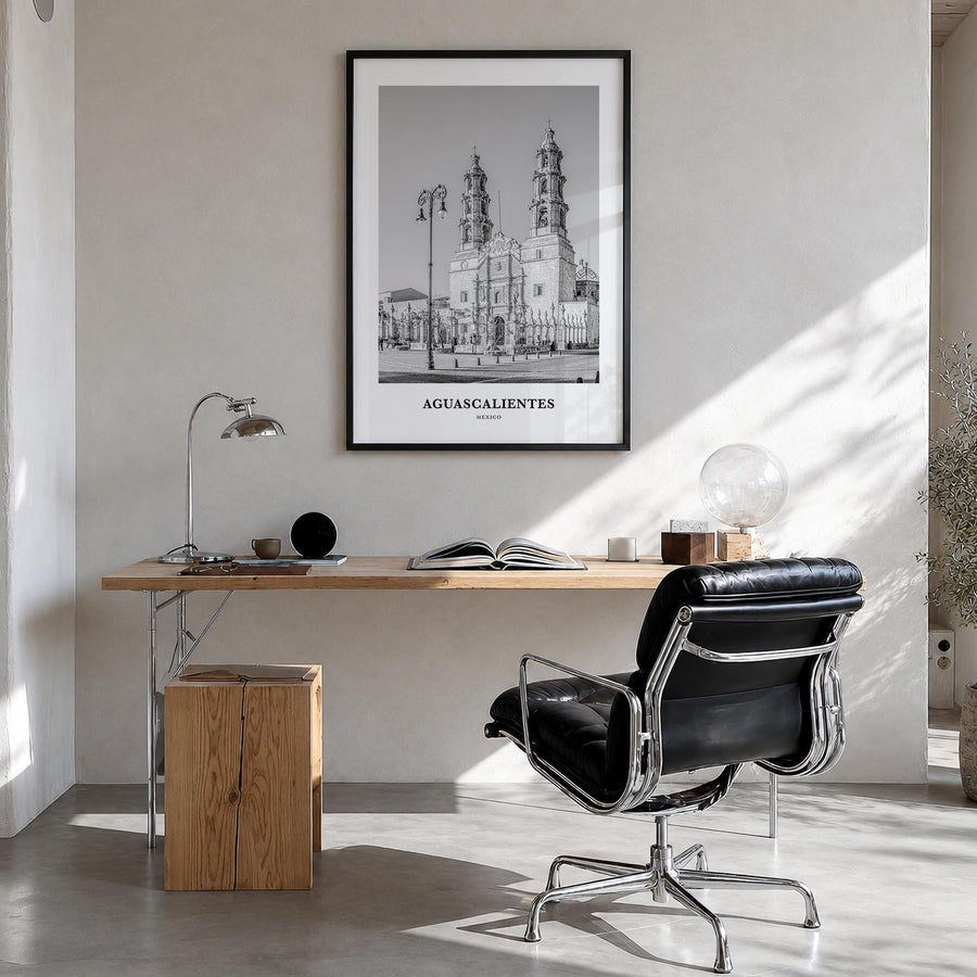 Aguascalientes black & white classic poster of Mexico – vertical wall art in black wood frame, hanging on wall