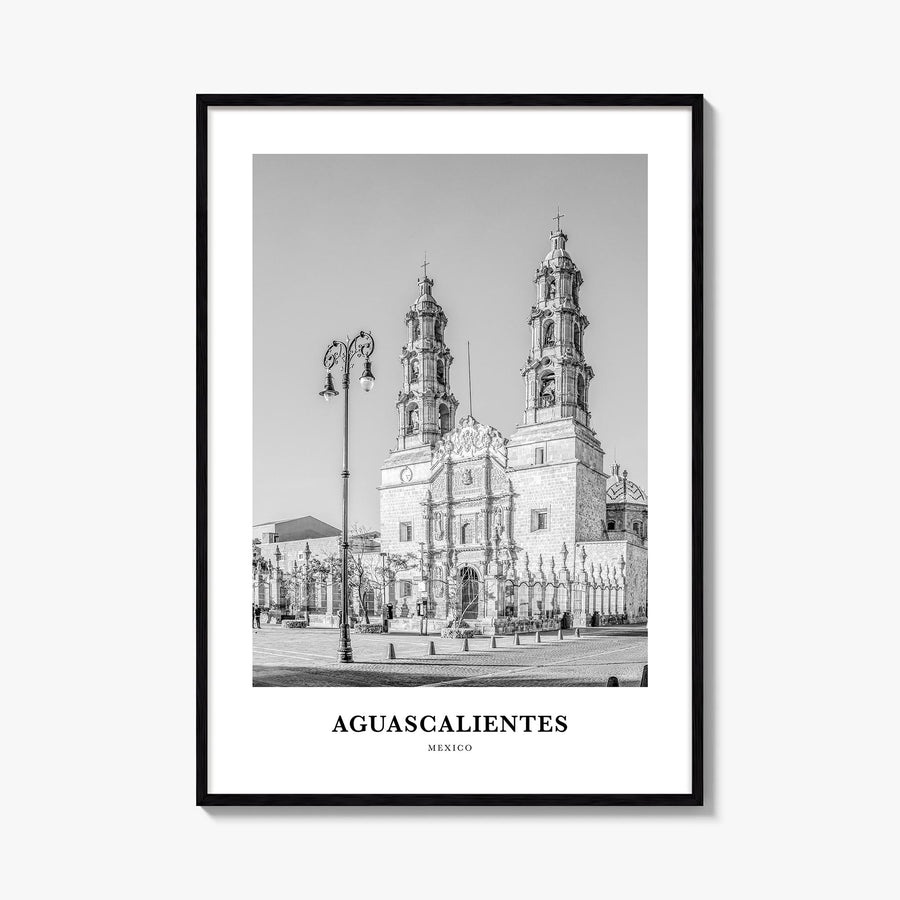 Aguascalientes black & white classic poster of Mexico – vertical wall art, unframed print shown in interior mockup