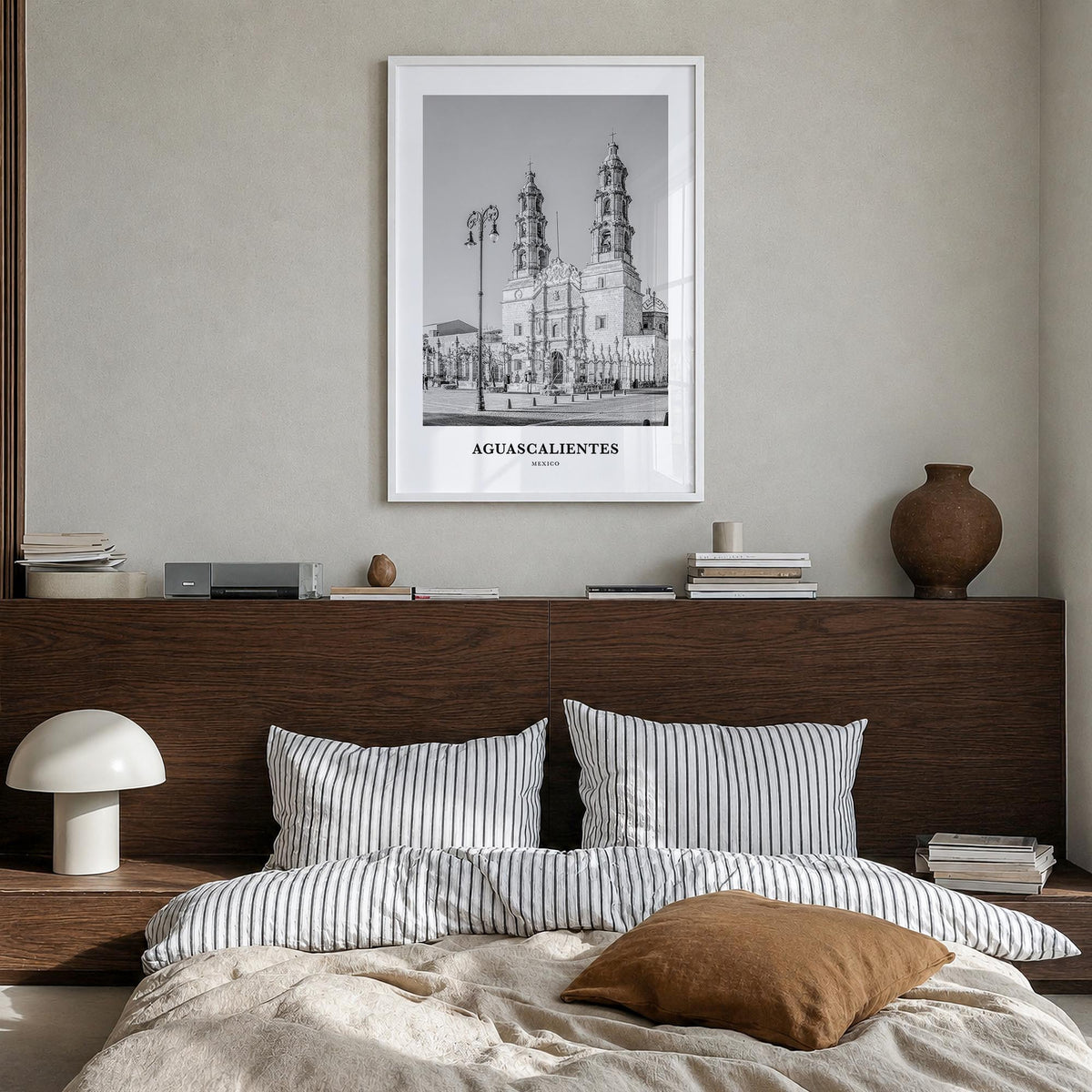 Aguascalientes black & white classic poster of Mexico – vertical wall art in white wood frame, hanging on wall